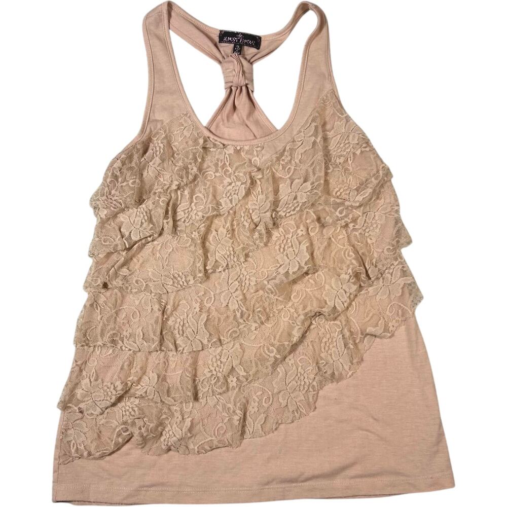 Almost Famous Blush Pink Tiered Lace Ruffle Racerback Tank Top Women's XL Y2K